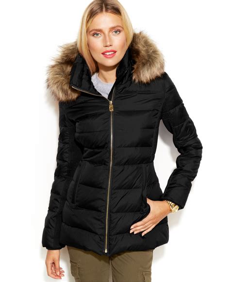 michael kors hooded down puffer coat with faux-fur trim|Michael Kors ultra lightweight down.